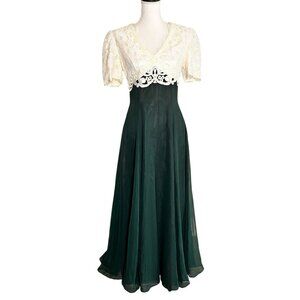 Vintage 80s Lace Bodice Emerald Green Chiffon Maxi Dress Evening Medium USA Made